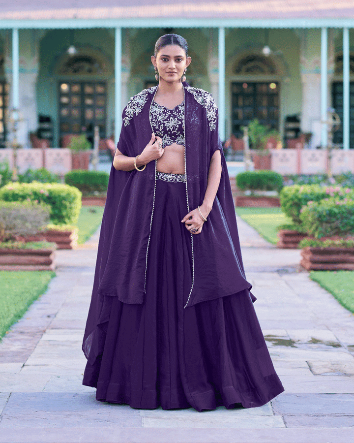 Royal Purple Embroidered Lehenga Choli With Flowing Cape Dupatta
