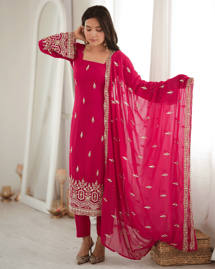 Rani Pink Color Embroidered Traditional Kurta Pant Dupatta Set