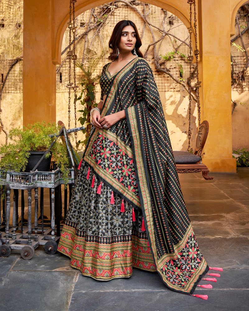 Black Color Sparkle Printed Silk Lehenga Choli