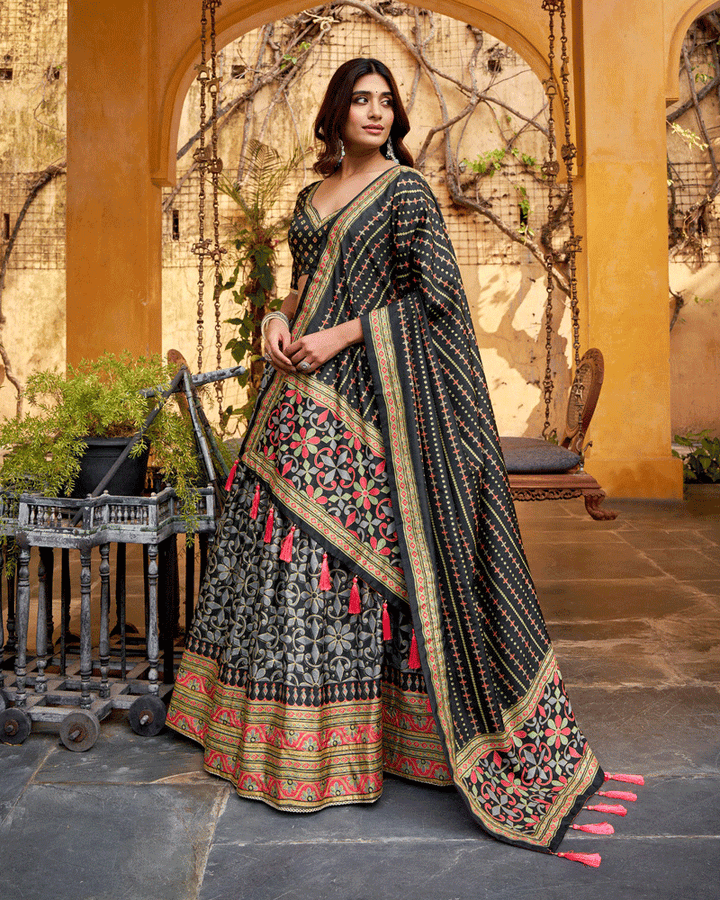 Black Color Sparkle Printed Silk Lehenga Choli