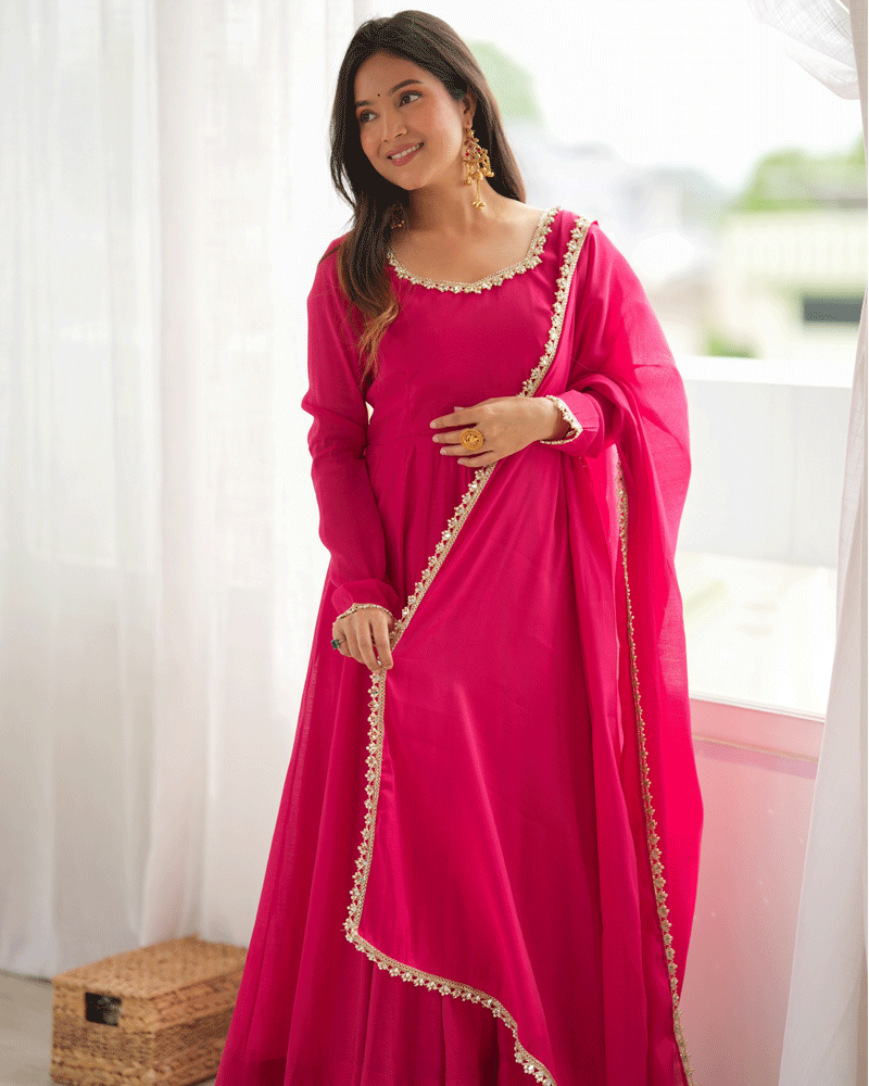 Royal Pink Flared Anarkali Kurta Pant Dupatta Set