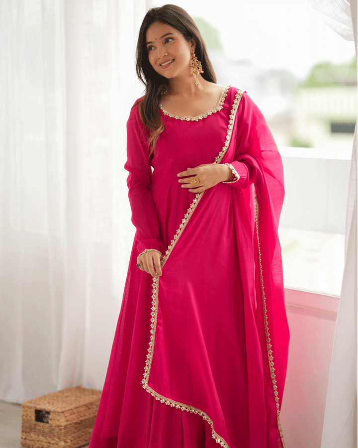 Royal Pink Flared Anarkali Kurta Pant Dupatta Set