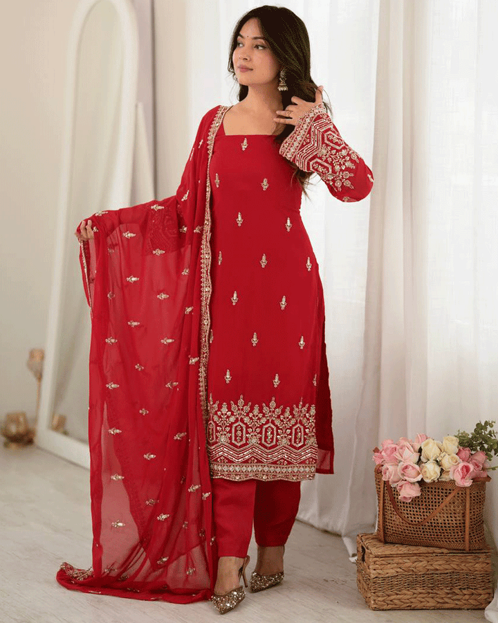 Red Color Embroidered Traditional Kurta Pant Dupatta Set
