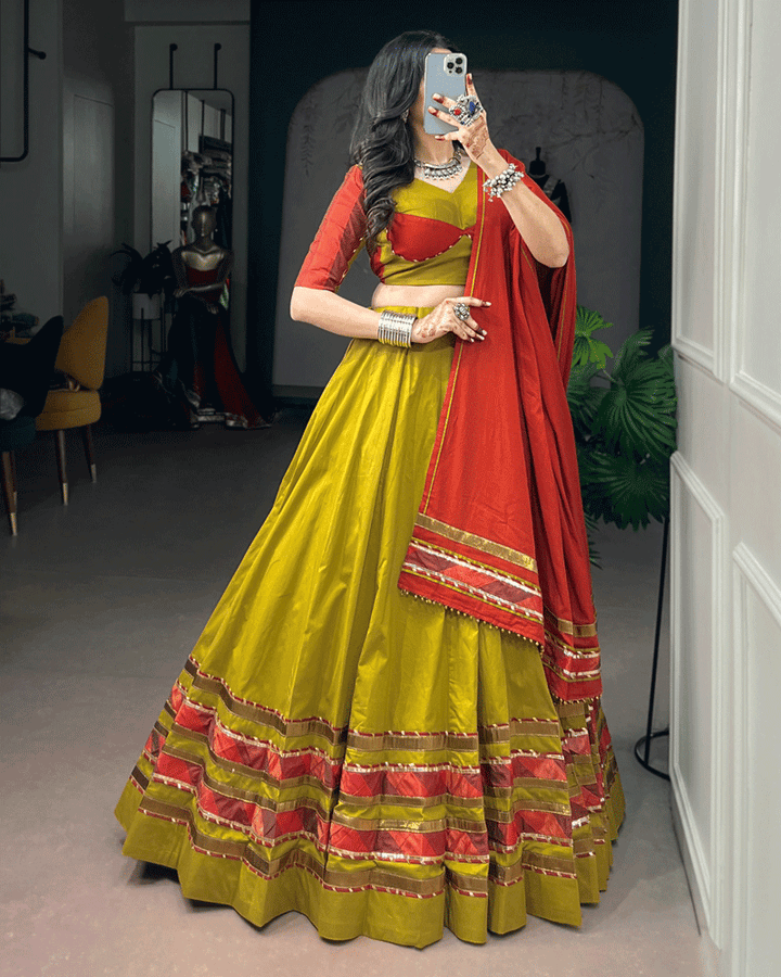 Mustard Yellow And Red Color Traditional Lehenga Choli Set