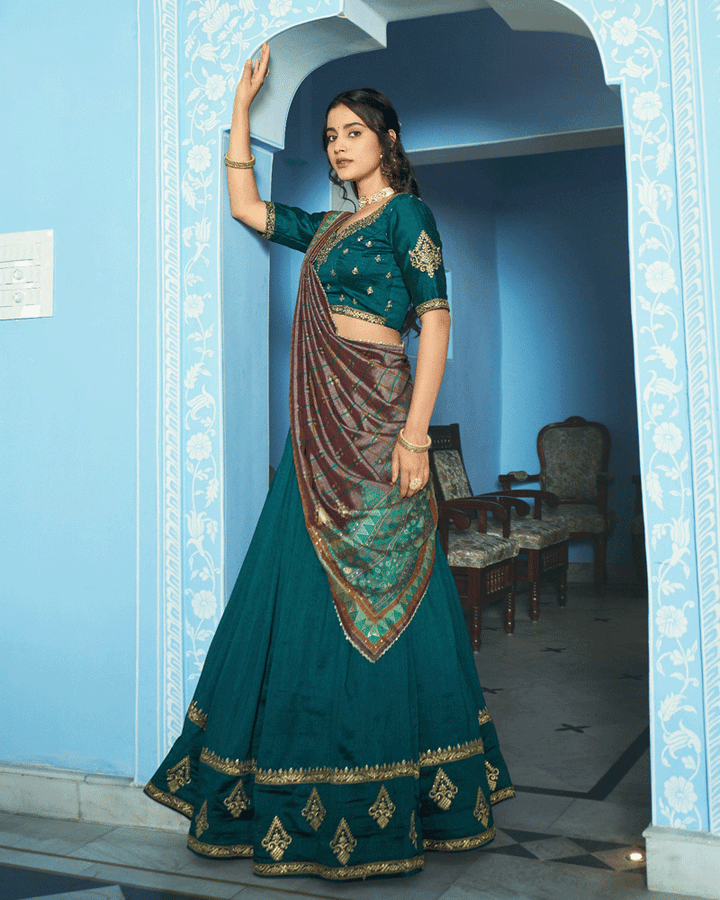 Teal Green Designer Embroidered Silk Lehenga Choli