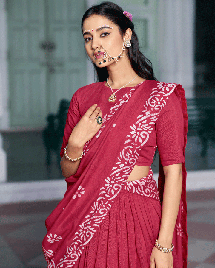 Rani Pink Color Cotton Chanderi Traditional Lehenga Set