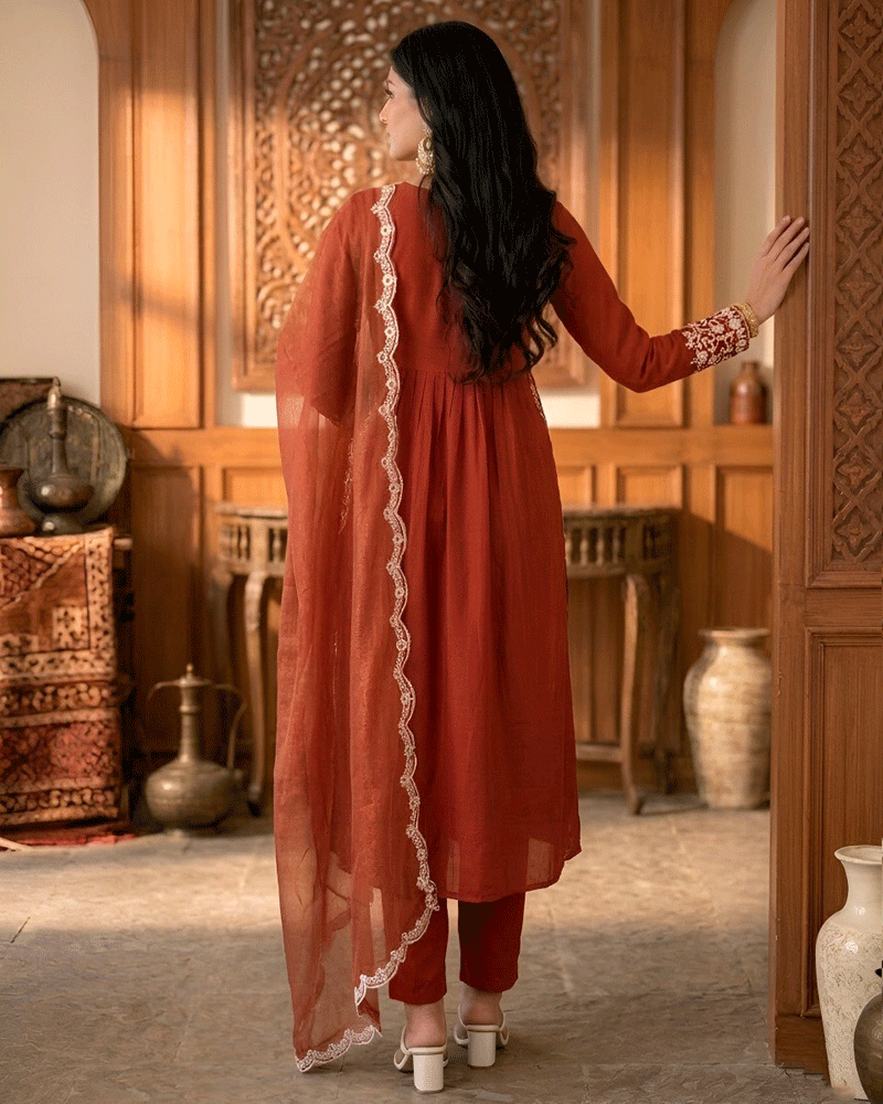 Rust Orange Color Maska Cotton Kurta Pant Dupatta Set