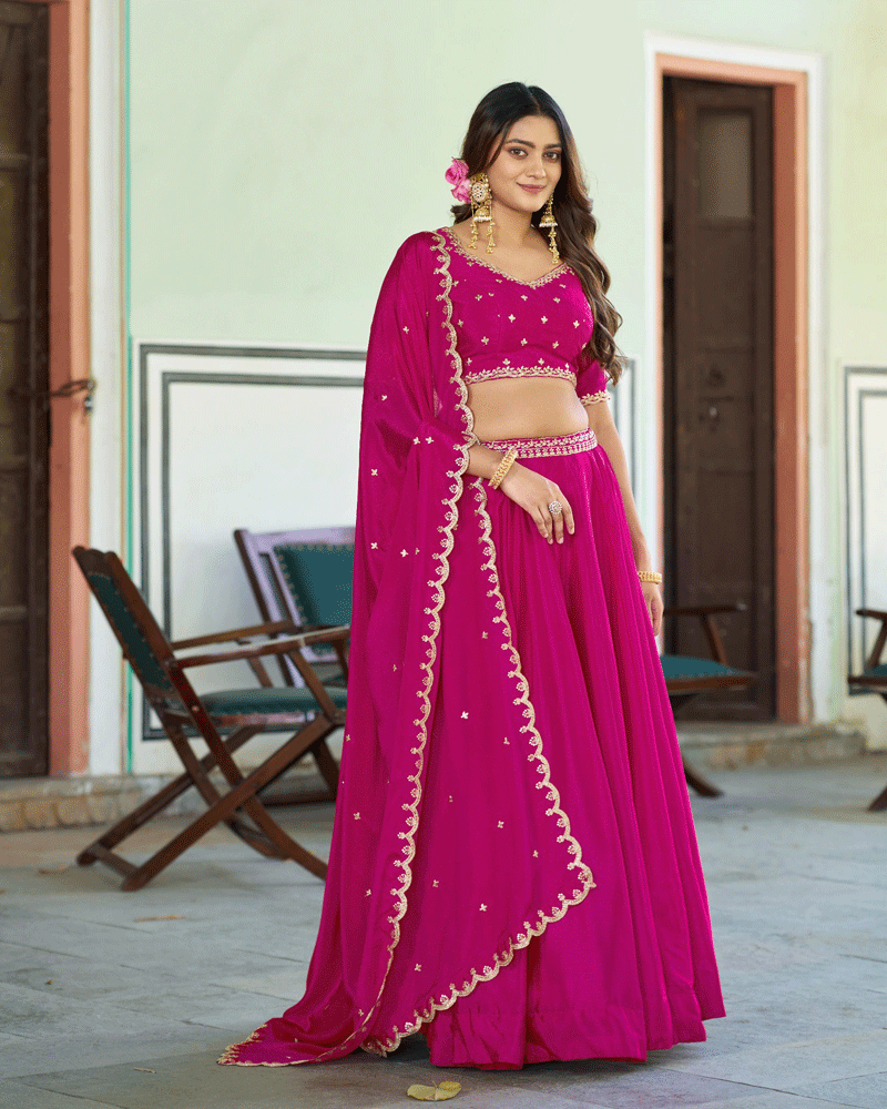 Rani Pink Color Chinon Silk Embroidered Glamorous Lehenga Choli
