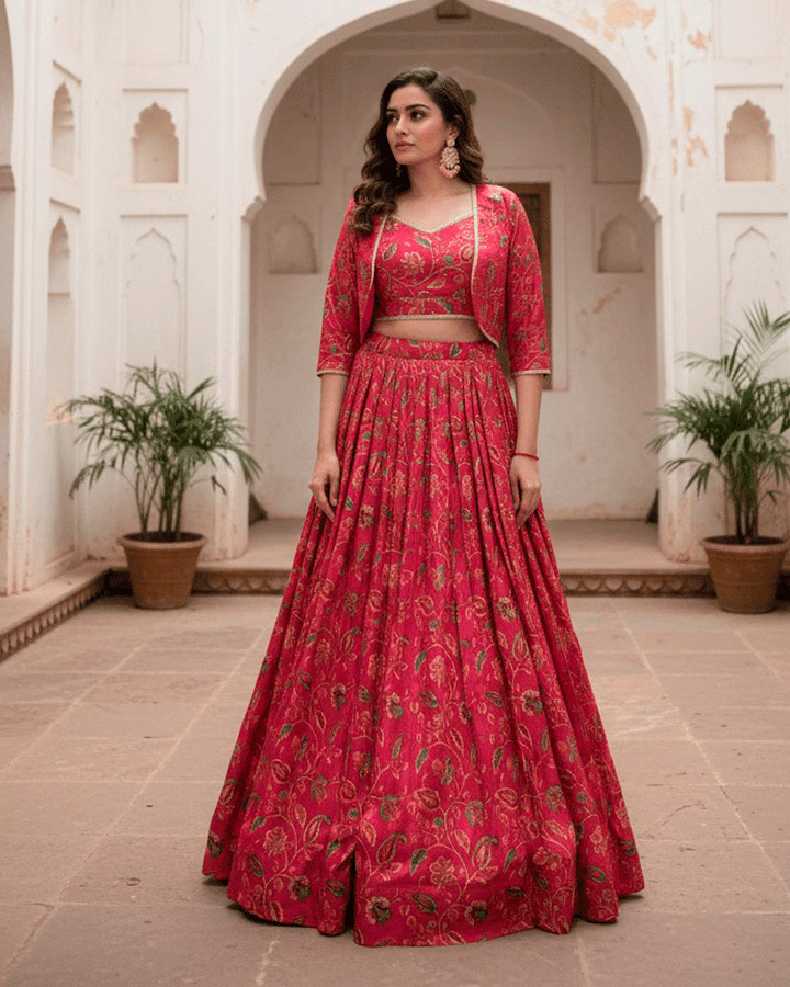 Royal Berry Floral Print Silk Lehenga Choli Set