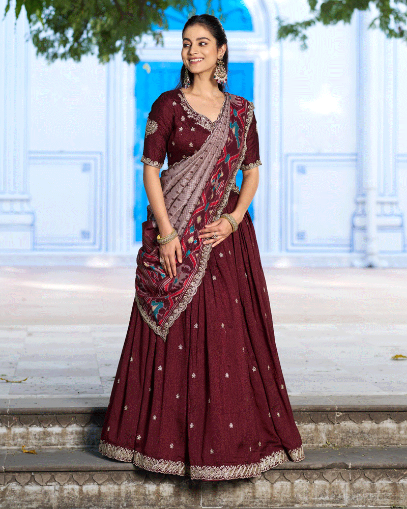 Ethnic Maroon Color Vichitra Silk Embroidered Lehenga Choli