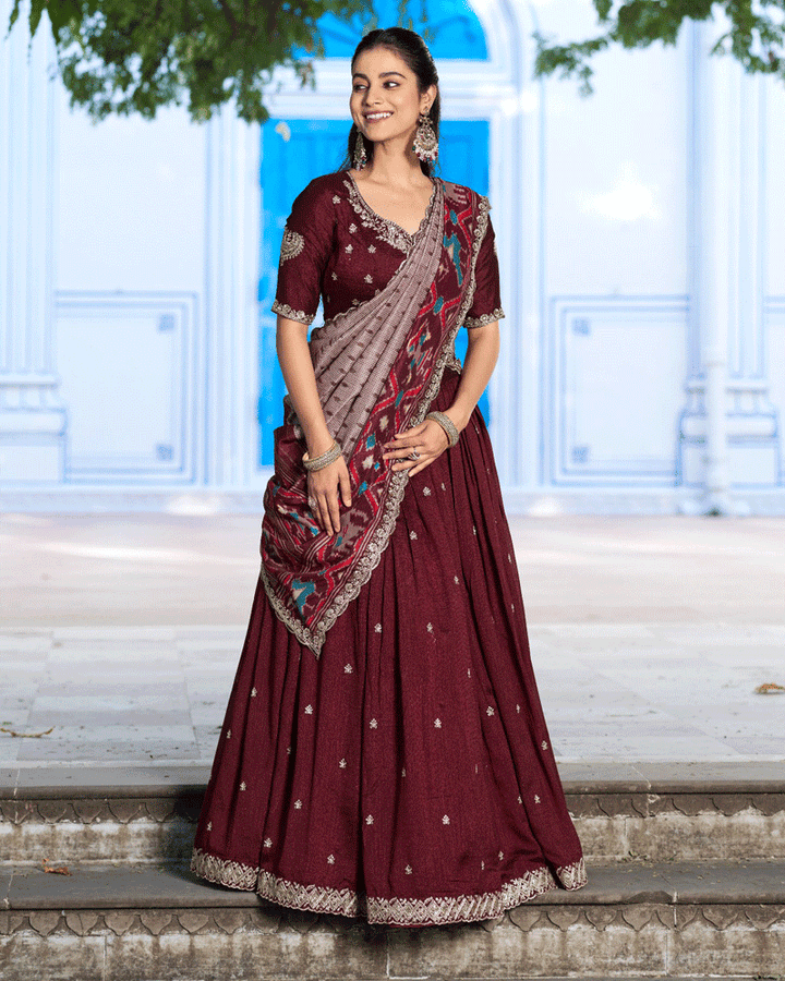 Ethnic Maroon Color Vichitra Silk Embroidered Lehenga Choli
