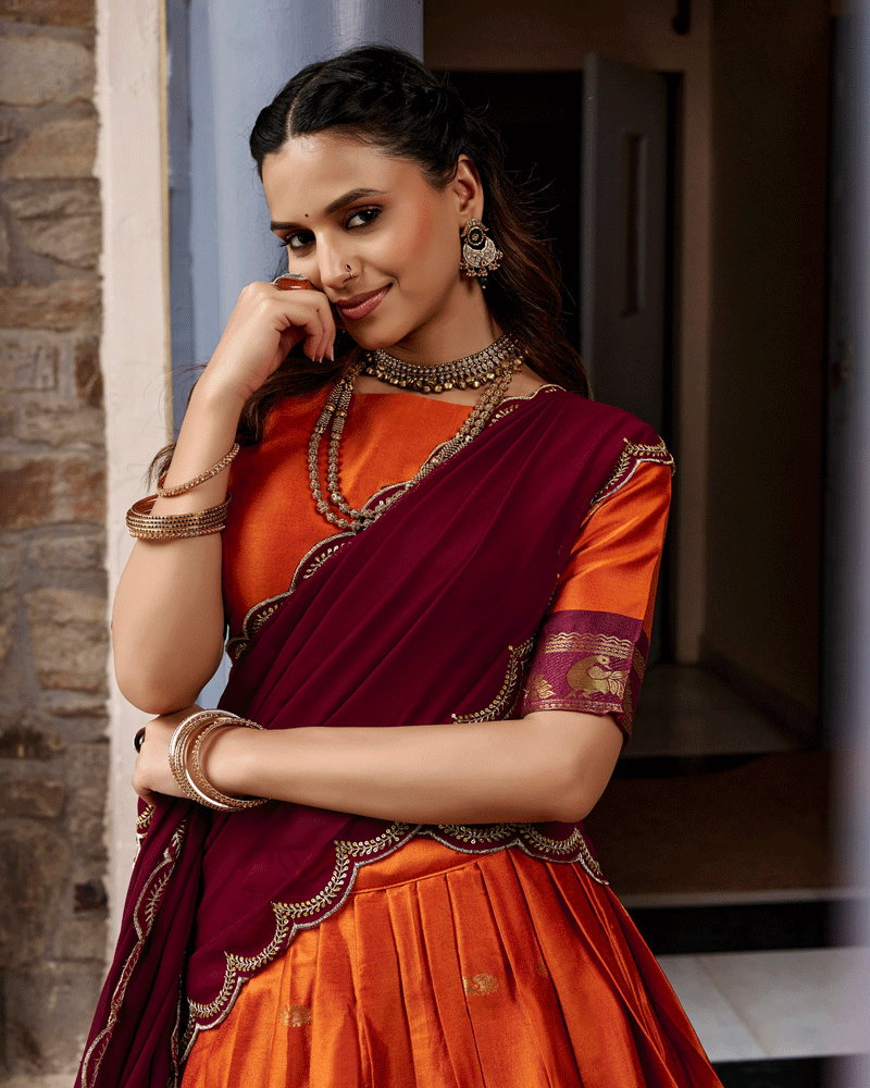 Elegant Rust Orange Color Traditional Cotton Silk Half Saree