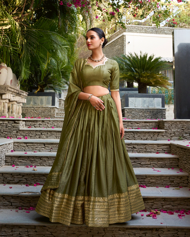 Elegant Olive Green Color Pure Chanderi Lehenga Choli
