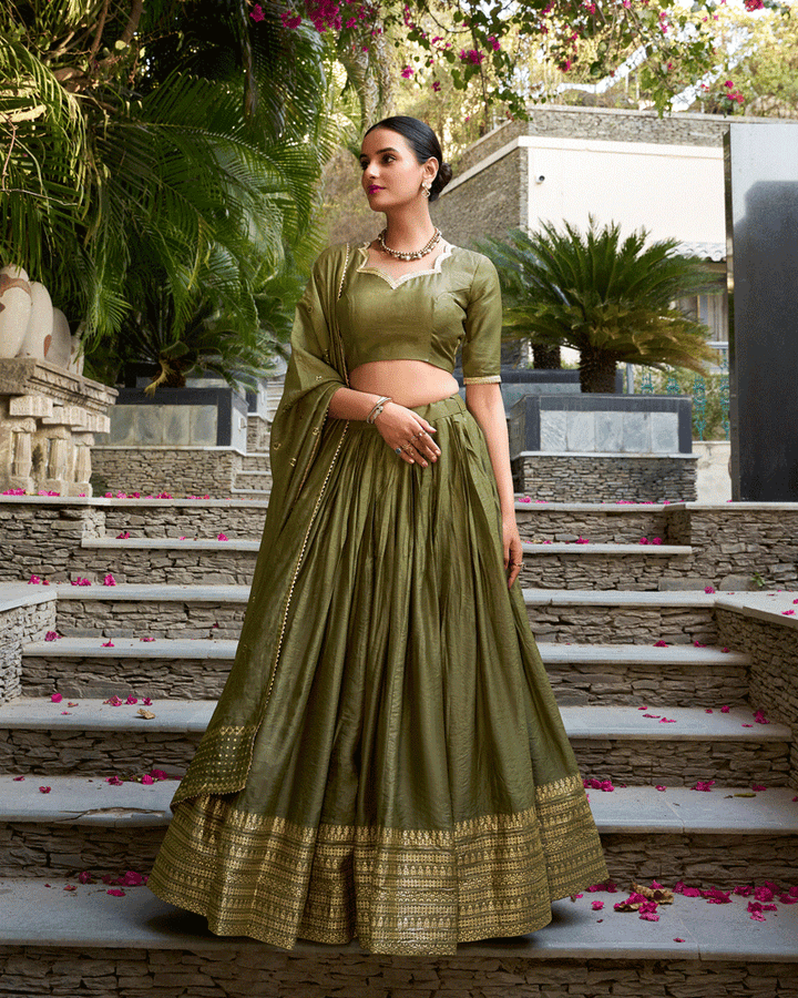 Elegant Olive Green Color Pure Chanderi Lehenga Choli