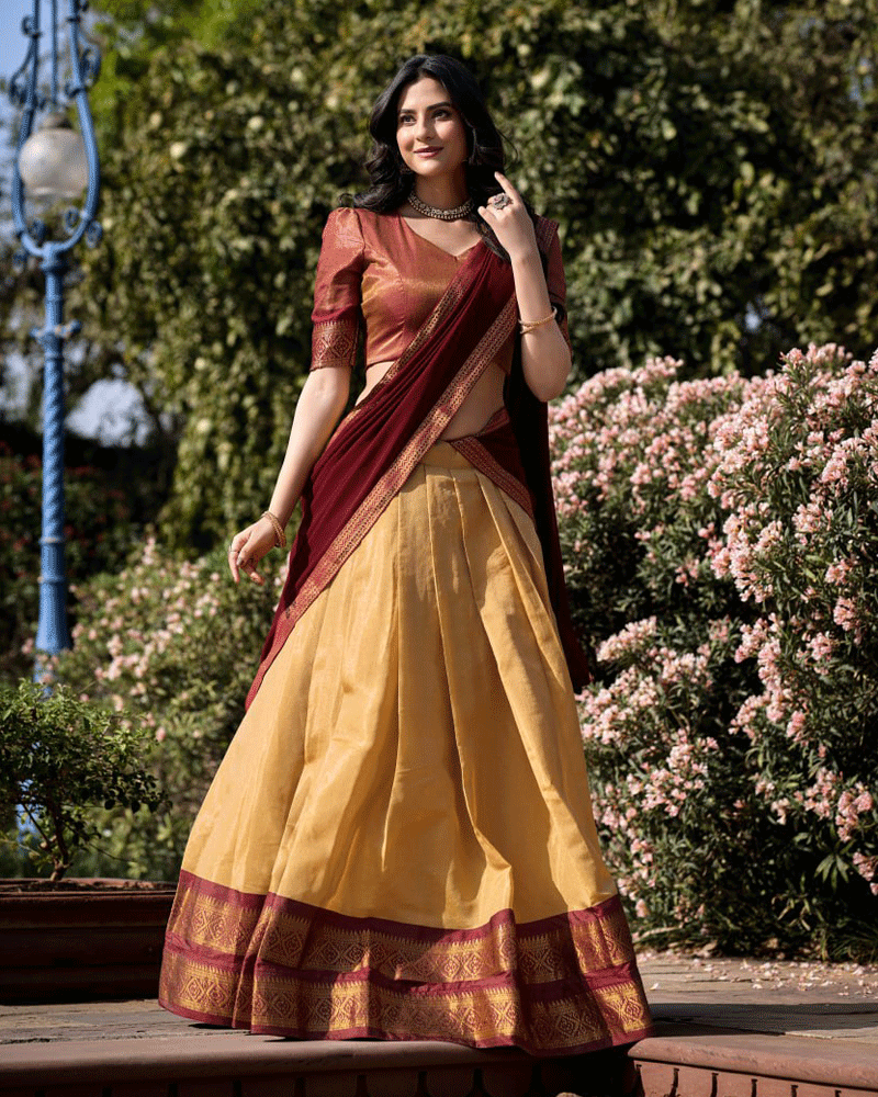 Designer Cream Kanchipuram Half Saree