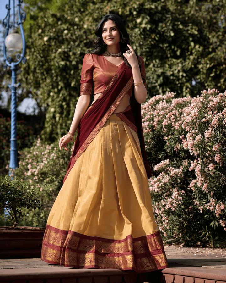 Designer Cream Kanchipuram Half Saree