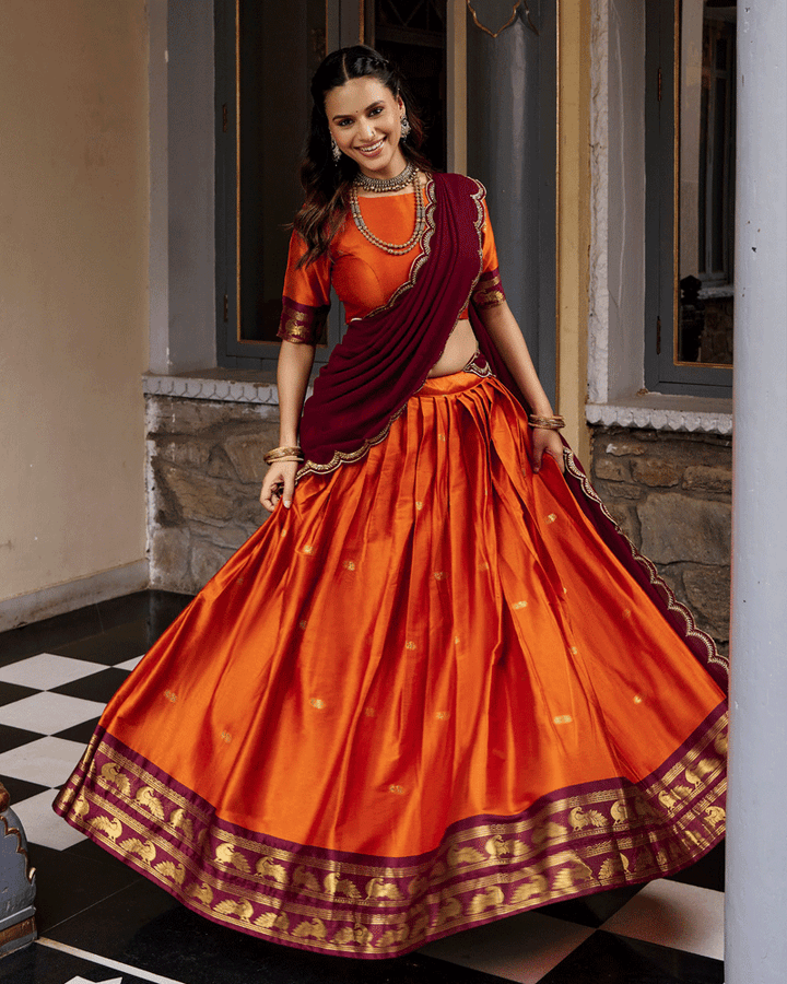Elegant Rust Orange Color Traditional Cotton Silk Half Saree
