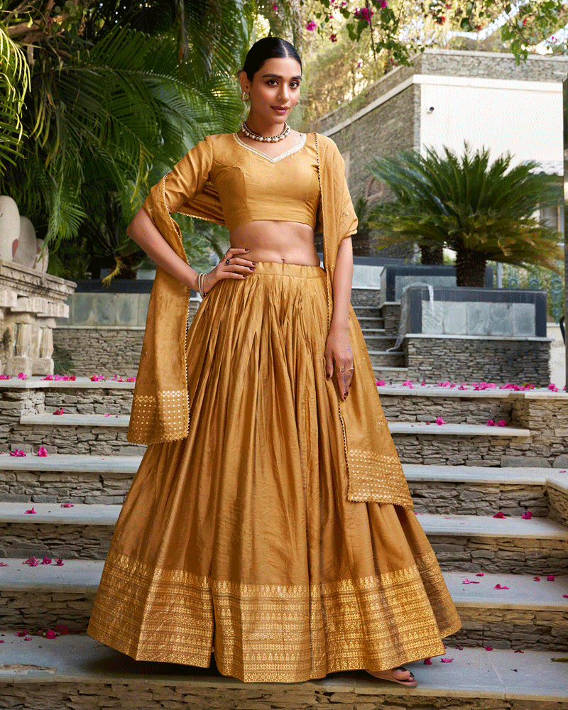 Traditional Mustard Color Pure Chanderi Lehenga Choli