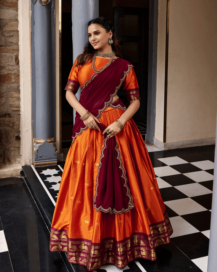 Elegant Rust Orange Color Traditional Cotton Silk Half Saree