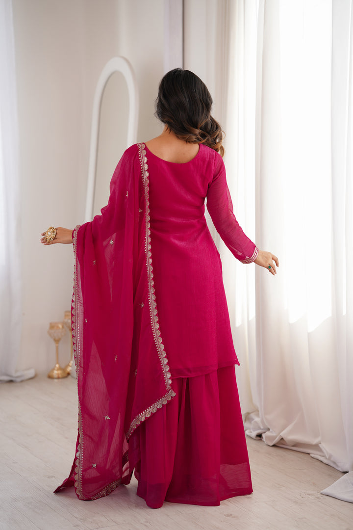 Rani Pink Silver Embroidered Silk Sharara Suit