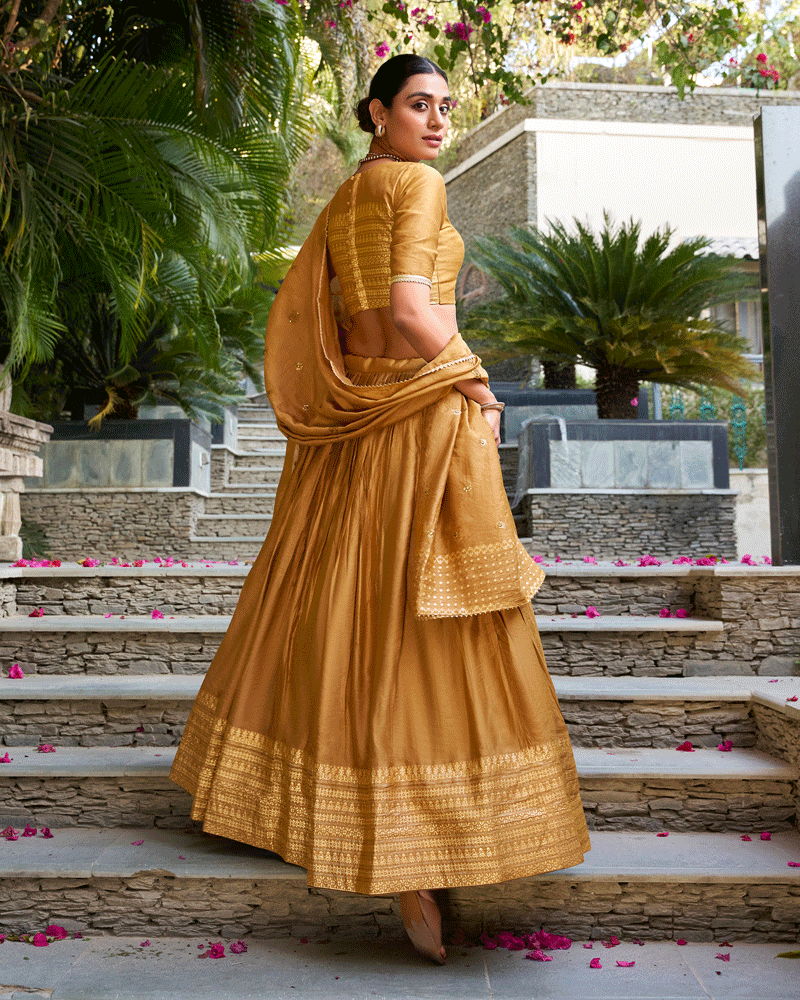 Traditional Mustard Color Pure Chanderi Lehenga Choli