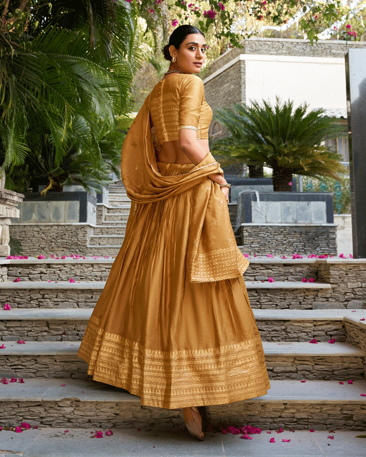 Traditional Mustard Color Pure Chanderi Lehenga Choli