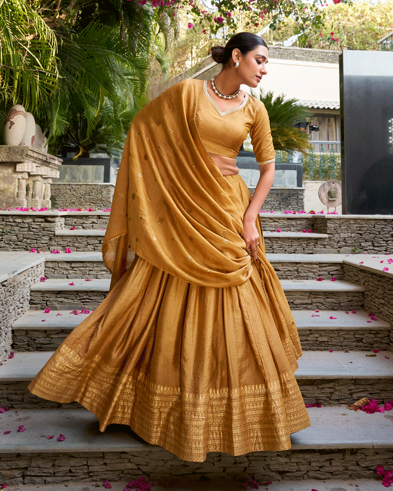 Traditional Mustard Color Pure Chanderi Lehenga Choli