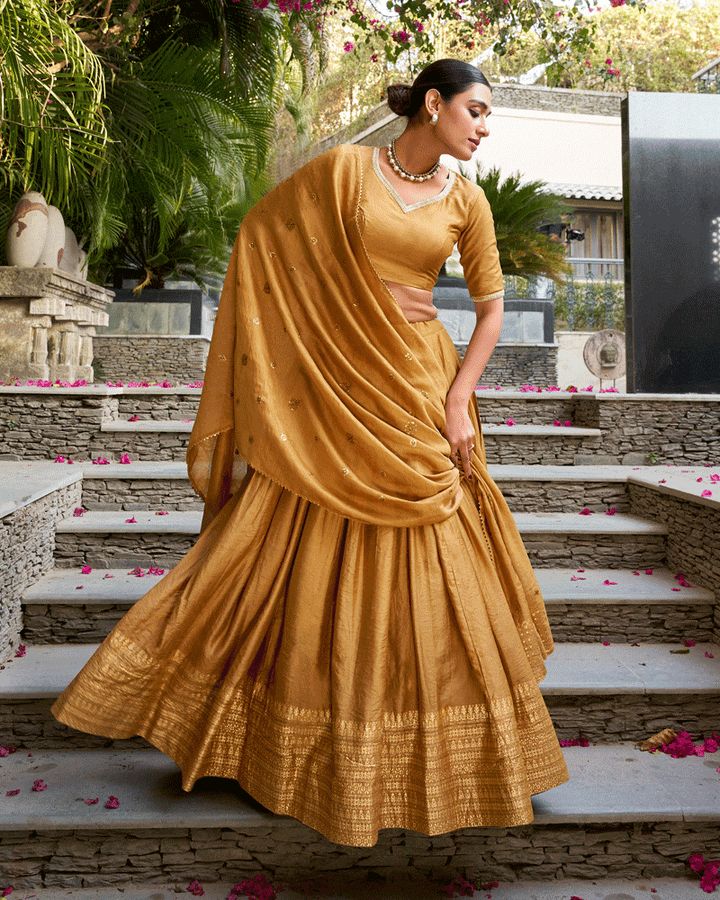 Traditional Mustard Color Pure Chanderi Lehenga Choli