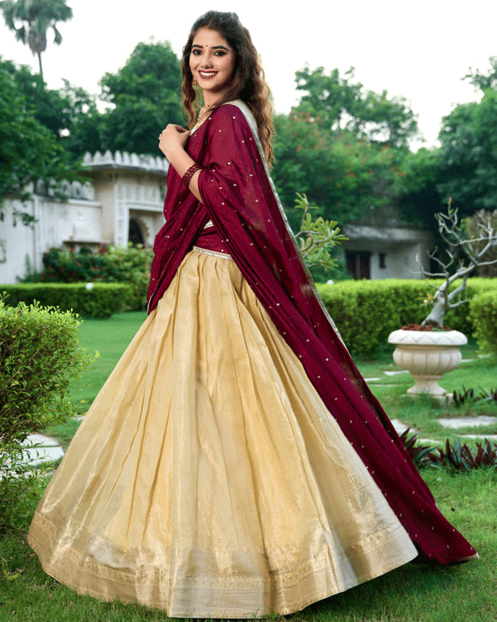 Beautiful Cream Kanchipuram Half Saree