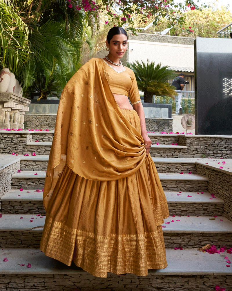 Traditional Mustard Color Pure Chanderi Lehenga Choli