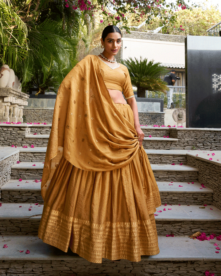 Traditional Mustard Color Pure Chanderi Lehenga Choli