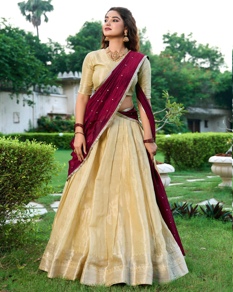 Beautiful Cream Kanchipuram Half Saree