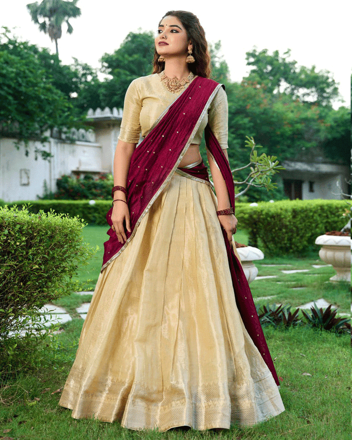 Beautiful Cream Kanchipuram Half Saree
