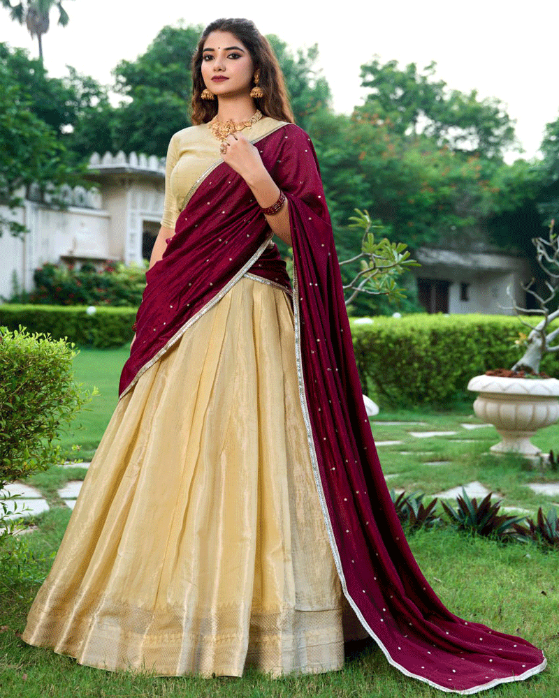 Beautiful Cream Kanchipuram Half Saree