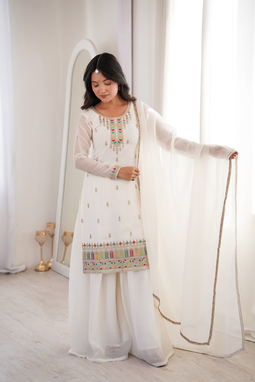 Designer White Crunchy Silk Embroidered Sharara Suit