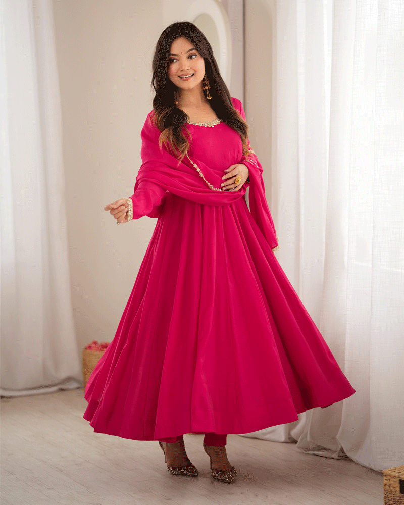 Royal Pink Flared Anarkali Kurta Pant Dupatta Set