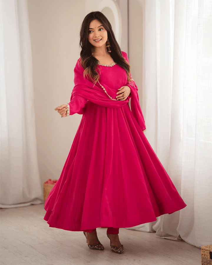 Royal Pink Flared Anarkali Kurta Pant Dupatta Set