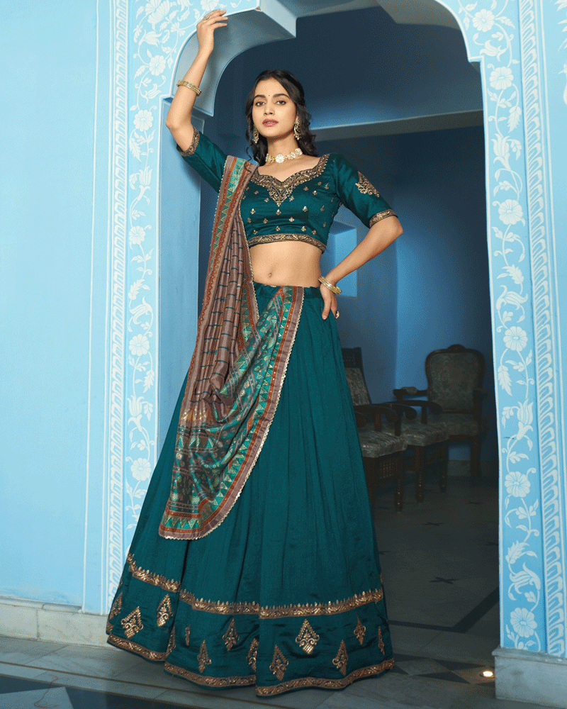 Teal Green Designer Embroidered Silk Lehenga Choli