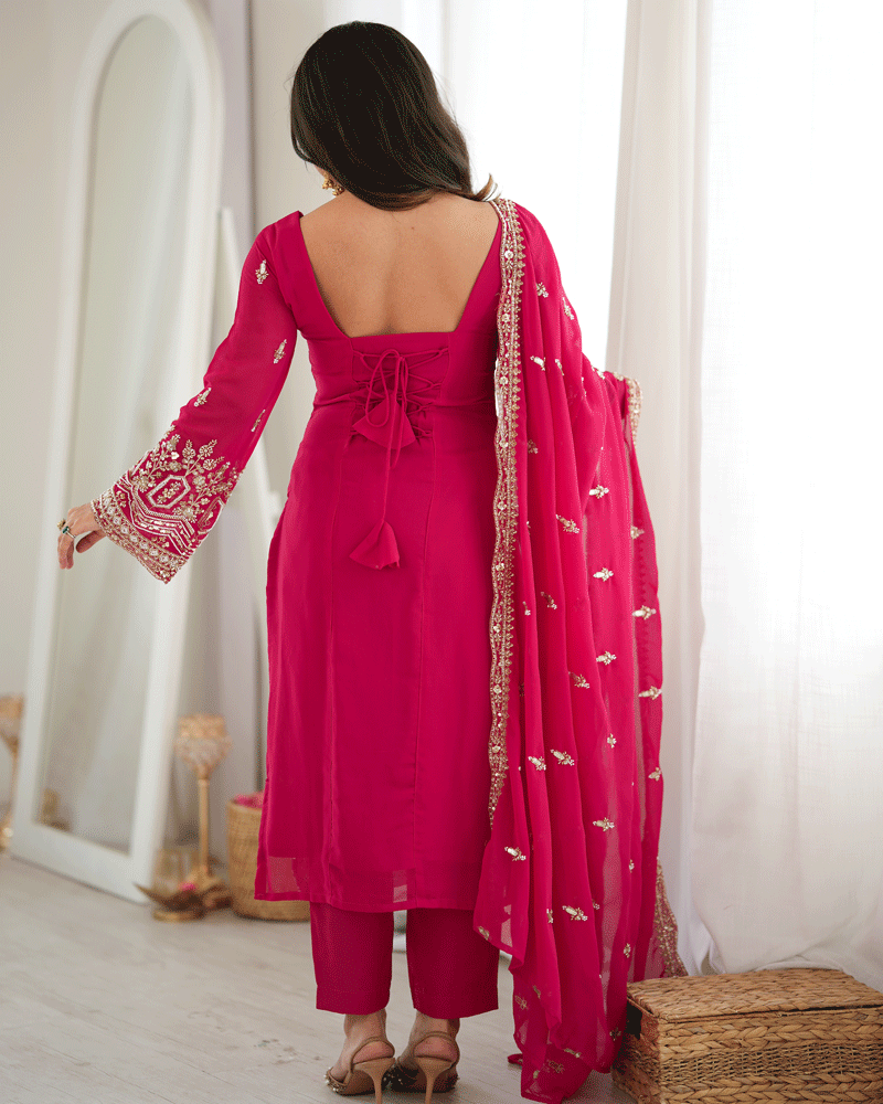 Rani Pink Color Embroidered Traditional Kurta Pant Dupatta Set