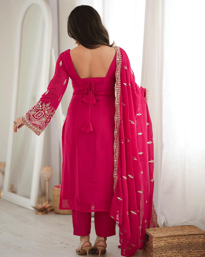 Rani Pink Color Embroidered Traditional Kurta Pant Dupatta Set