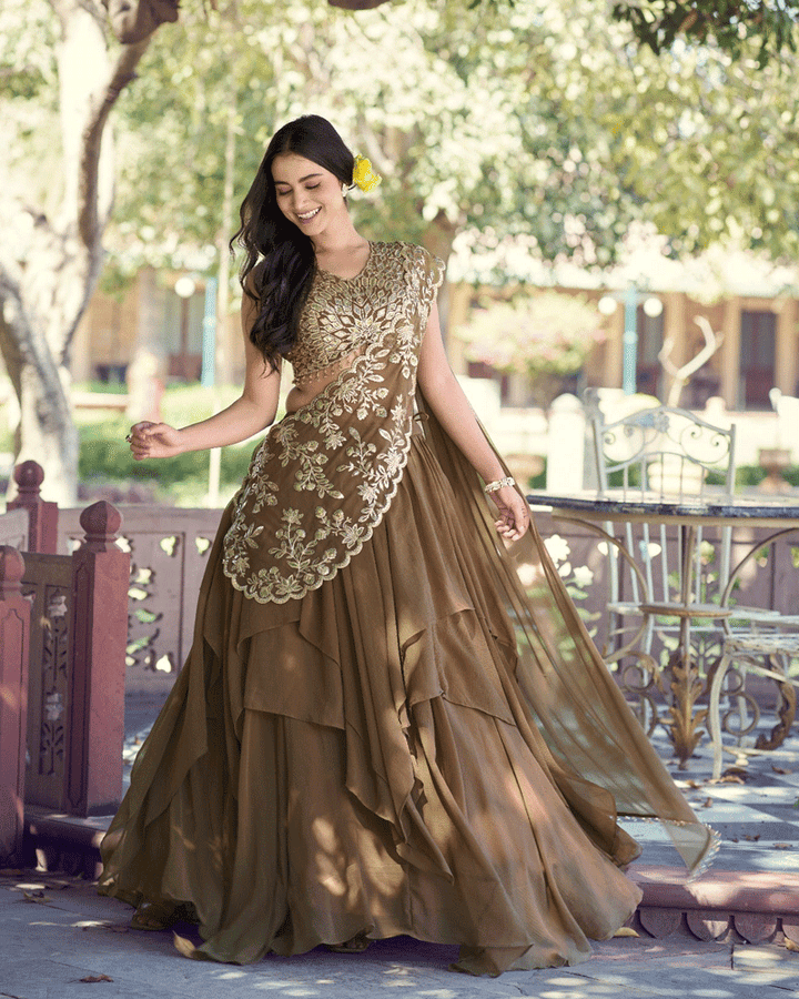 Elegant Olive Green Embroidered Layered Lehenga Choli