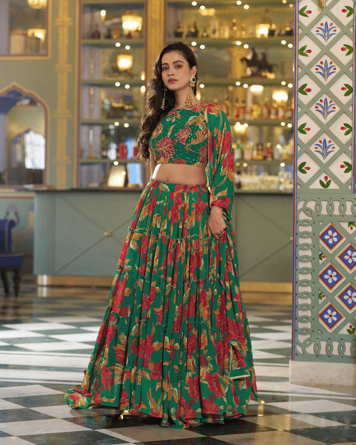Designer Green Floral Printed Marble Lehenga Choli