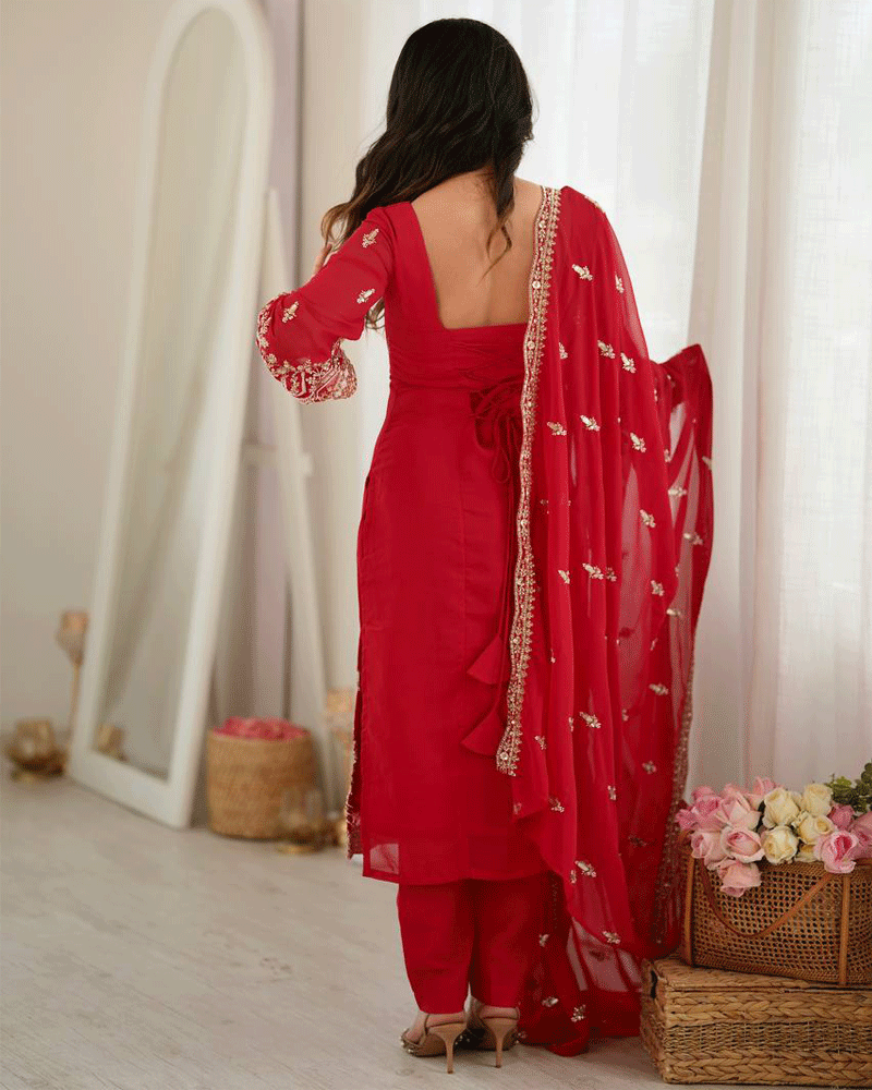 Red Color Embroidered Traditional Kurta Pant Dupatta Set