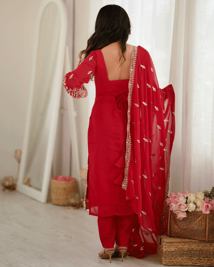 Red Color Embroidered Traditional Kurta Pant Dupatta Set