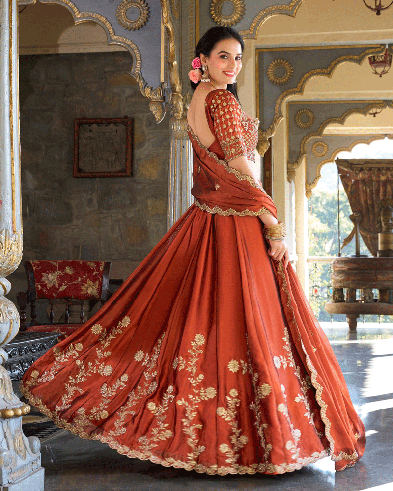 Rust Orange Floral Embroidered Rangoli Silk Lehenga Choli