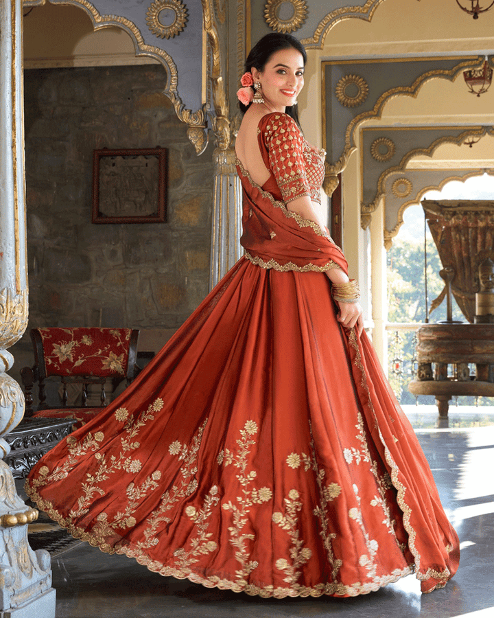Rust Orange Floral Embroidered Rangoli Silk Lehenga Choli