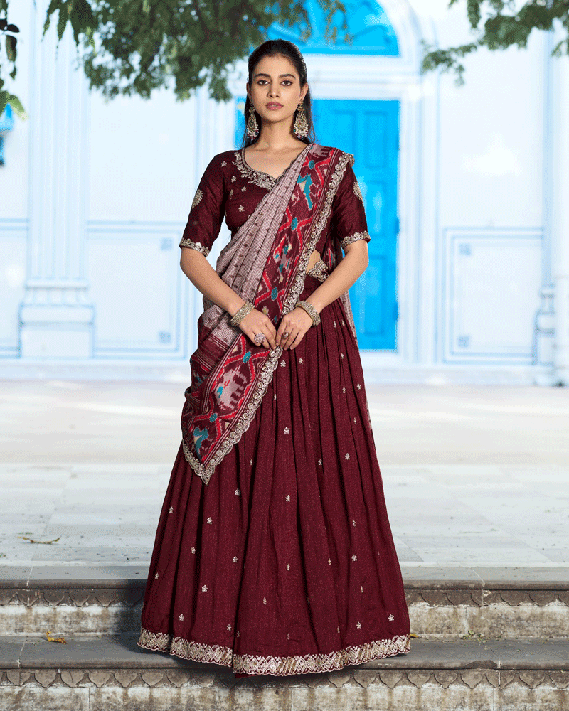 Ethnic Maroon Color Vichitra Silk Embroidered Lehenga Choli