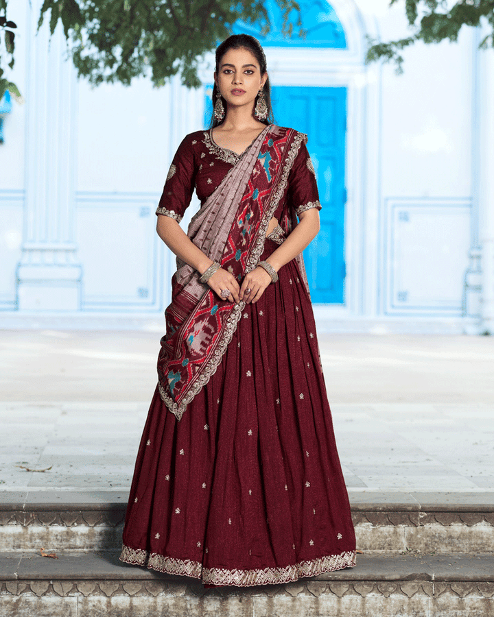 Ethnic Maroon Color Vichitra Silk Embroidered Lehenga Choli