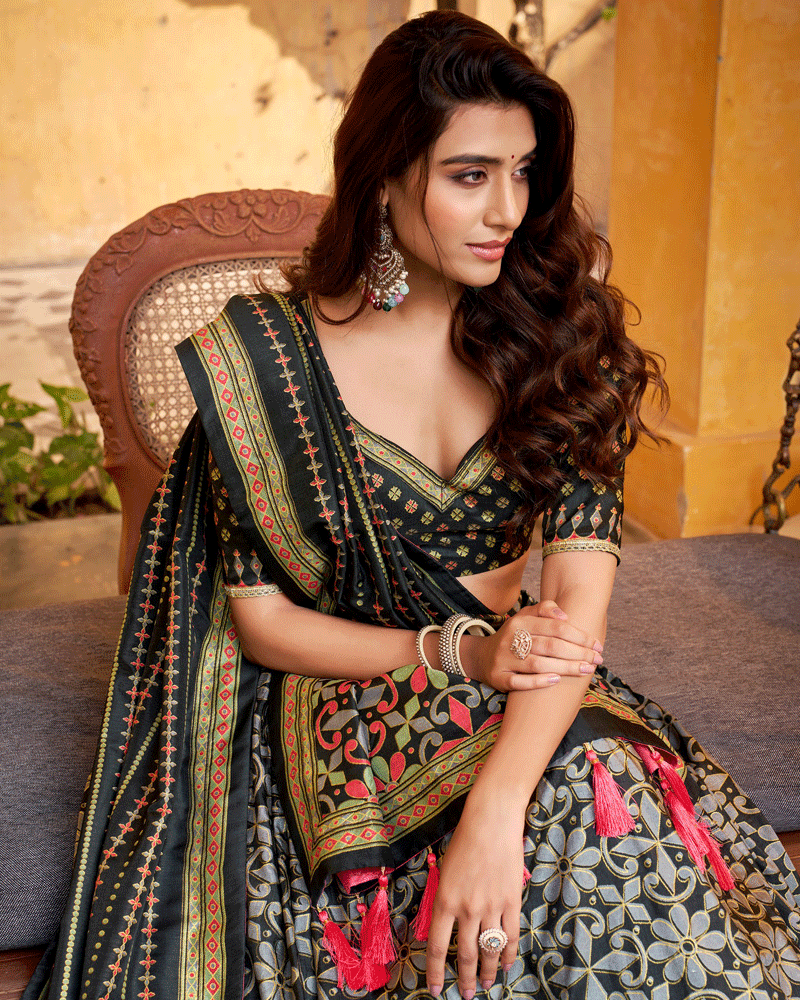Black Color Sparkle Printed Silk Lehenga Choli