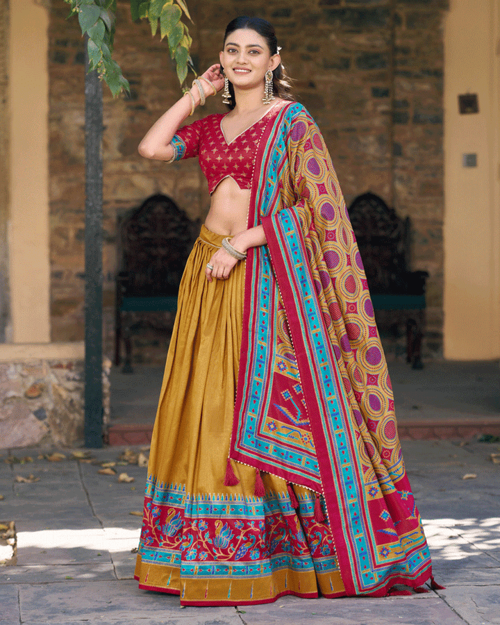 Elegant Mustard Color Printed Traditional Lehenga Choli Set